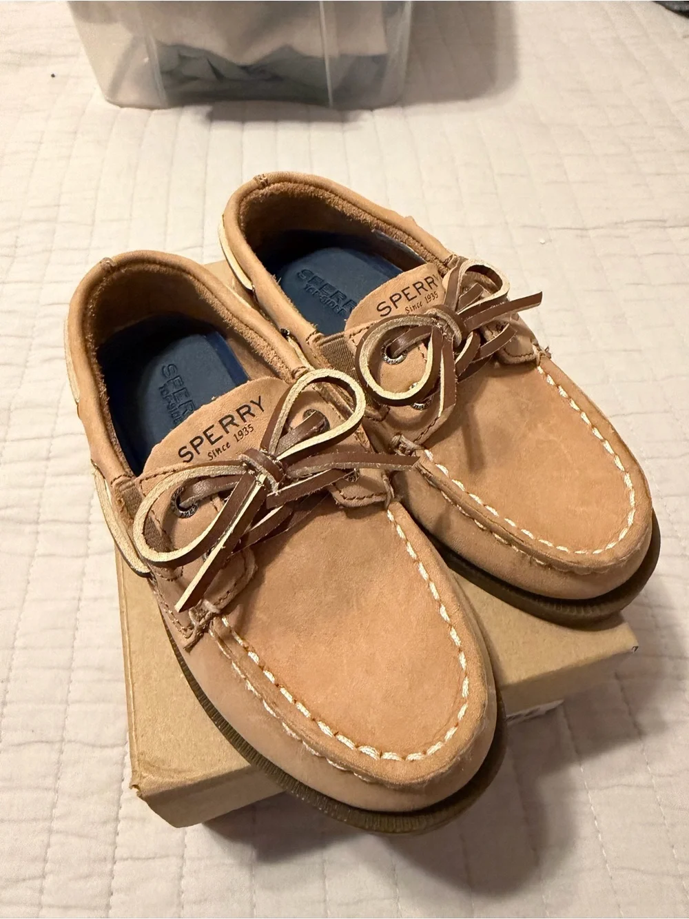 Sperry Kids Tan Leather Boat Shoes with Navy Insole